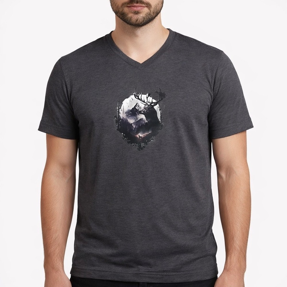 George Men's Dark Gray V Neck T Shirt Full Moon Deer Graphic‎ Print Size L